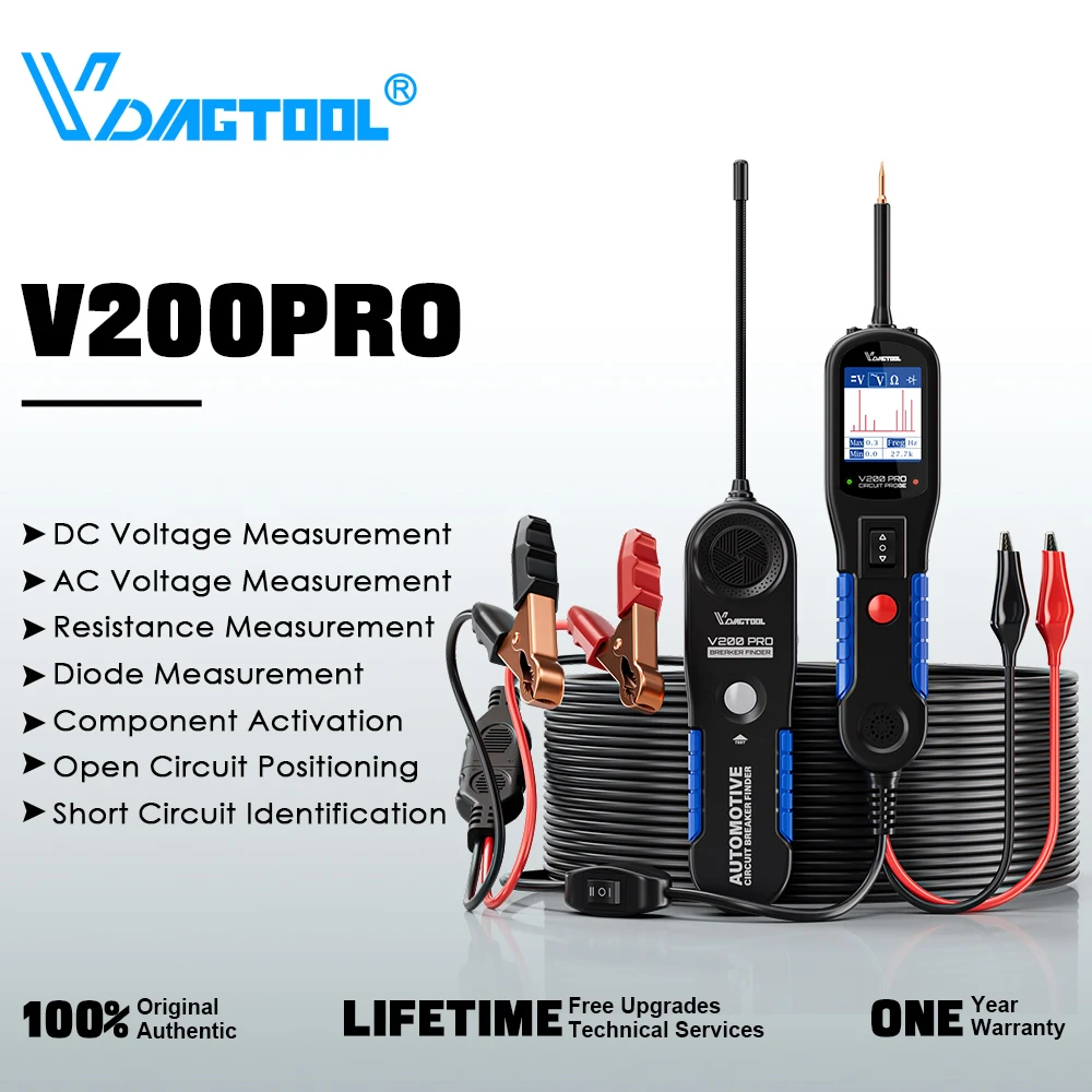 Nouveau VDIAGTOOL V200PRO Testeur de circuit électrique automobile 12V/24V avec sonde, câble de 12 m, testeur de relais et de fusibles, testeur de court-circuit, de circuit ouvert et de disjoncteur pour injecteurs de carburant