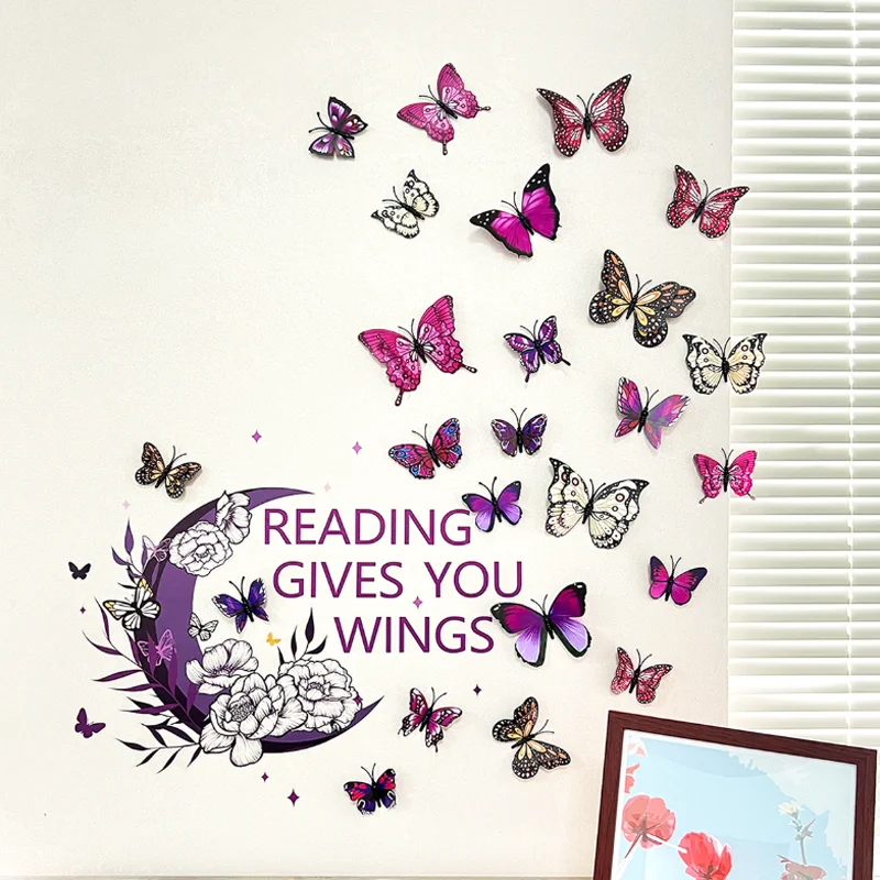 Reading Purple Style 24 Butterfly Flower Moon Wall Stickers Children Room Kindergarten Living Room Decora Sticker Self-adhesive