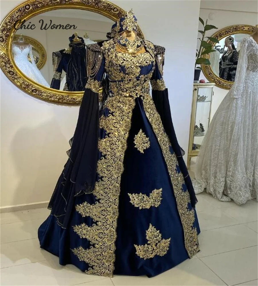 Gorgeous Caftan Moroccan Evening Dress With Gold Lace A Line Long Sleeve Beaded Albanian Abayas Prom Dress Engagement Customized