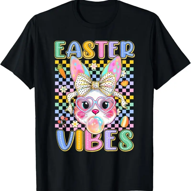 

Ретро Groovy Пасхальные Vibes Bunny клетчатая улыбка женская футболка для девочек