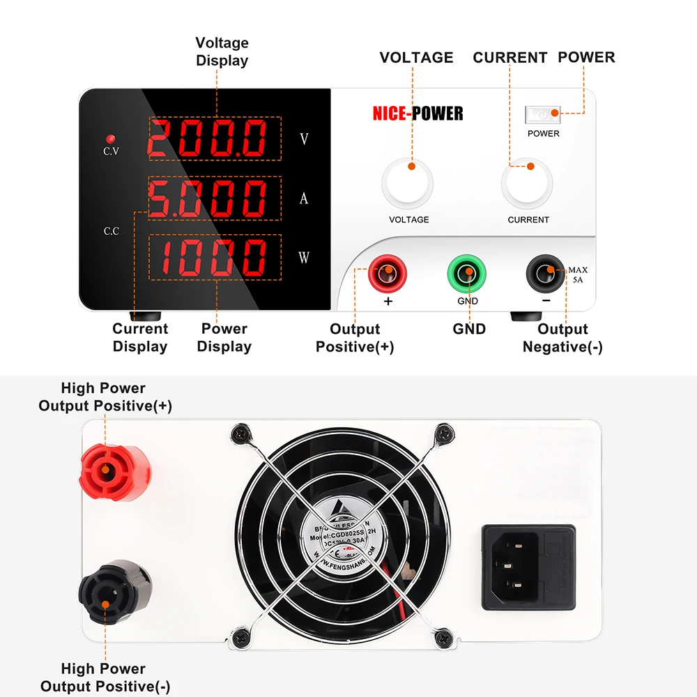 KUAIQU 200V 5A 2000W Adjustable DC Single Output Power Supply R-SPS2005 Mobile Variable Maintenance Input Voltage 220V