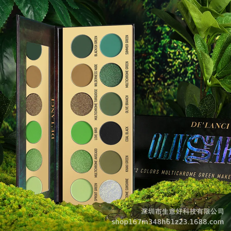 12-Color Optical Chameleon Eyeshadow Palette Multi-Purpose Olive Green Shade Long-Lasting Moisturizing Glowing Eye Makeup for Al