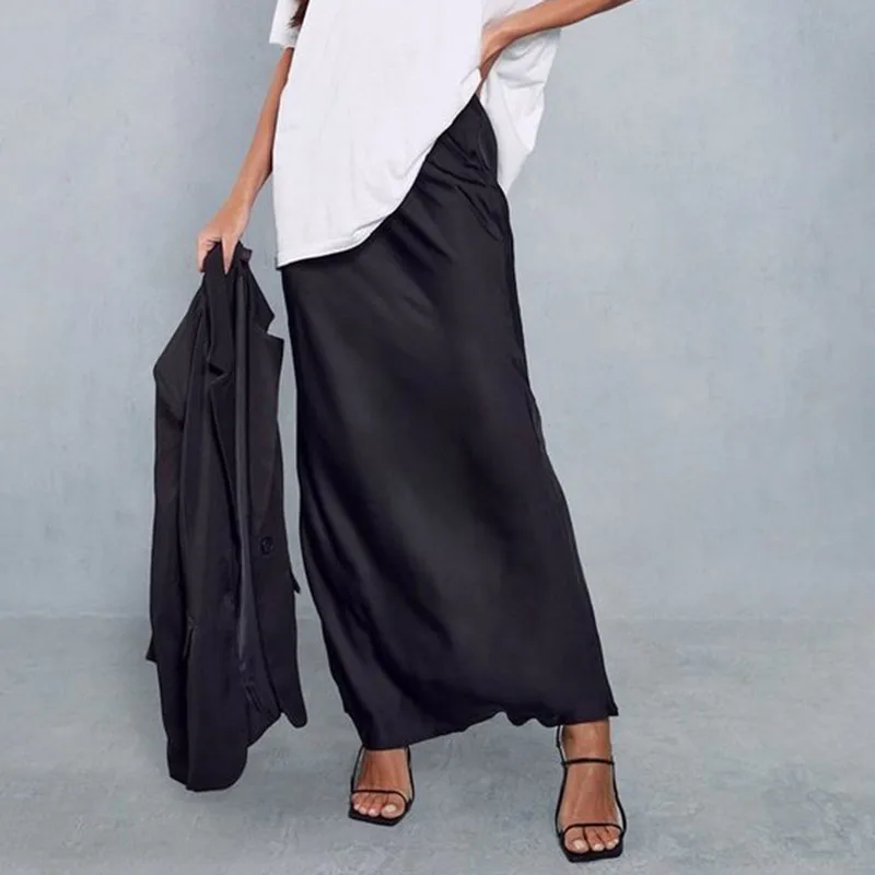 Elegant Satin Long Skirt for Women High Waisted Drawstring Lace-Up Maxi Straight Skirts Luxury High-End Shining Satin Skirts