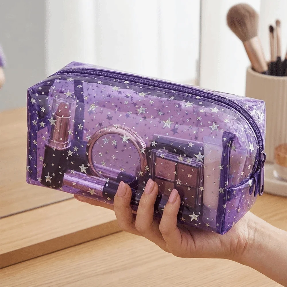 PVC Waterproof Transparent Makeup Bag Glitter Stars pattern Women's Washbag Large capacity Smooth zipper Travel Beauty Organizer