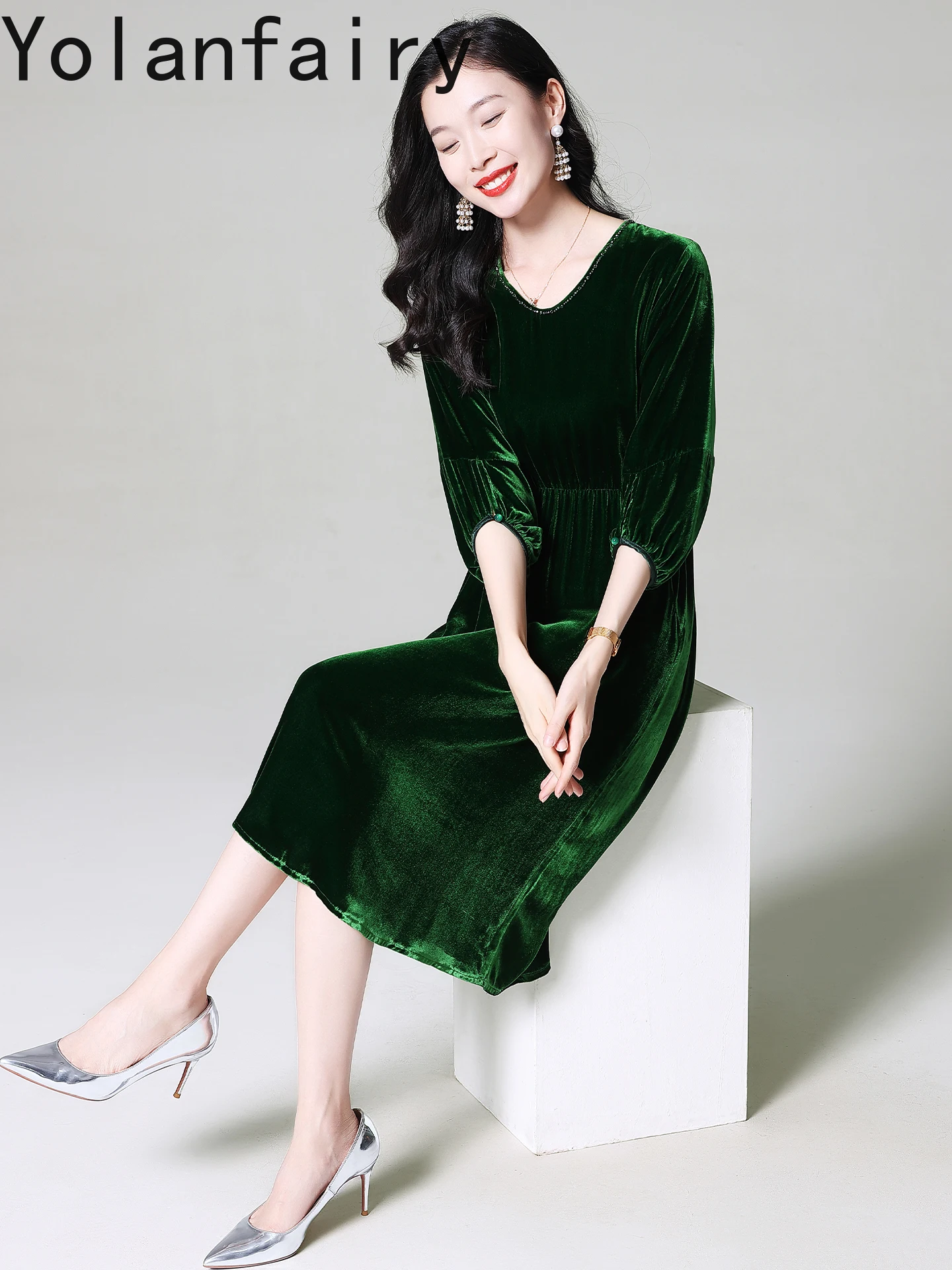 فستان YOLANFAIRY من حرير التوت الأصلي المخملي للنساء للخريف فستان فاخر أنيق لأعياد الميلاد ملابس نسائية فساتين راقية