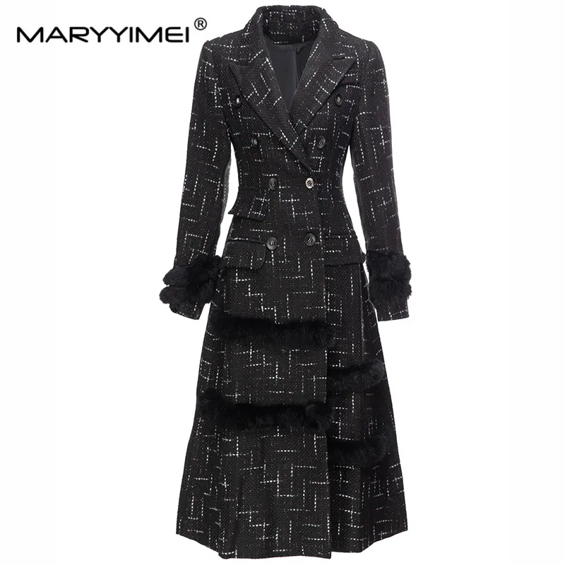 MARYYIMEI Winter Warm Turn-Down Collar Double Breasted Fur Patchwork Slim Casual Office Lady Overcoat