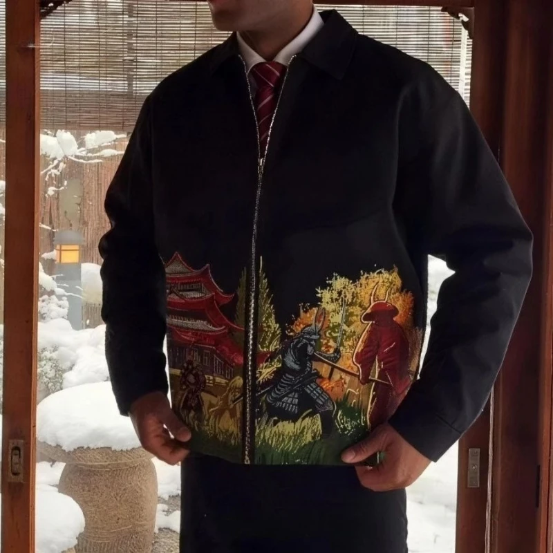 Mens Jacket Japanese Samurai Embroidery Vintage Baseball Coat Harajuku Unisex Heavy Embroidered Loose Fit Streetwear Couple New view 2
