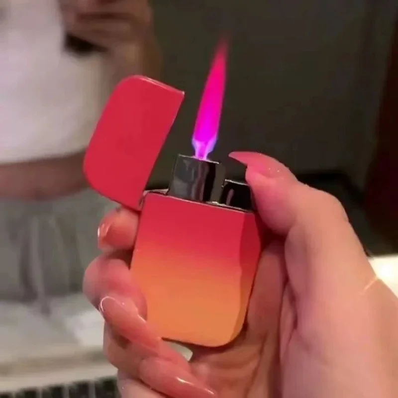 HOT Creative Gradient Windproof Pink Flame Butane Gas Lighter Metal Mini Ultra Thin Funny Lighters Smoking Gifts For Girlfriend