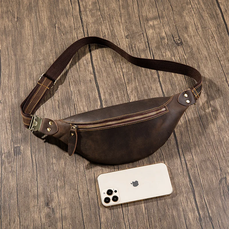 Crazy Horse Leather Waist Bag for Men Cowhide Waist Pack Fanny Belt Bags Male Travel Crossbody Chest Bag Small Phone Pouch