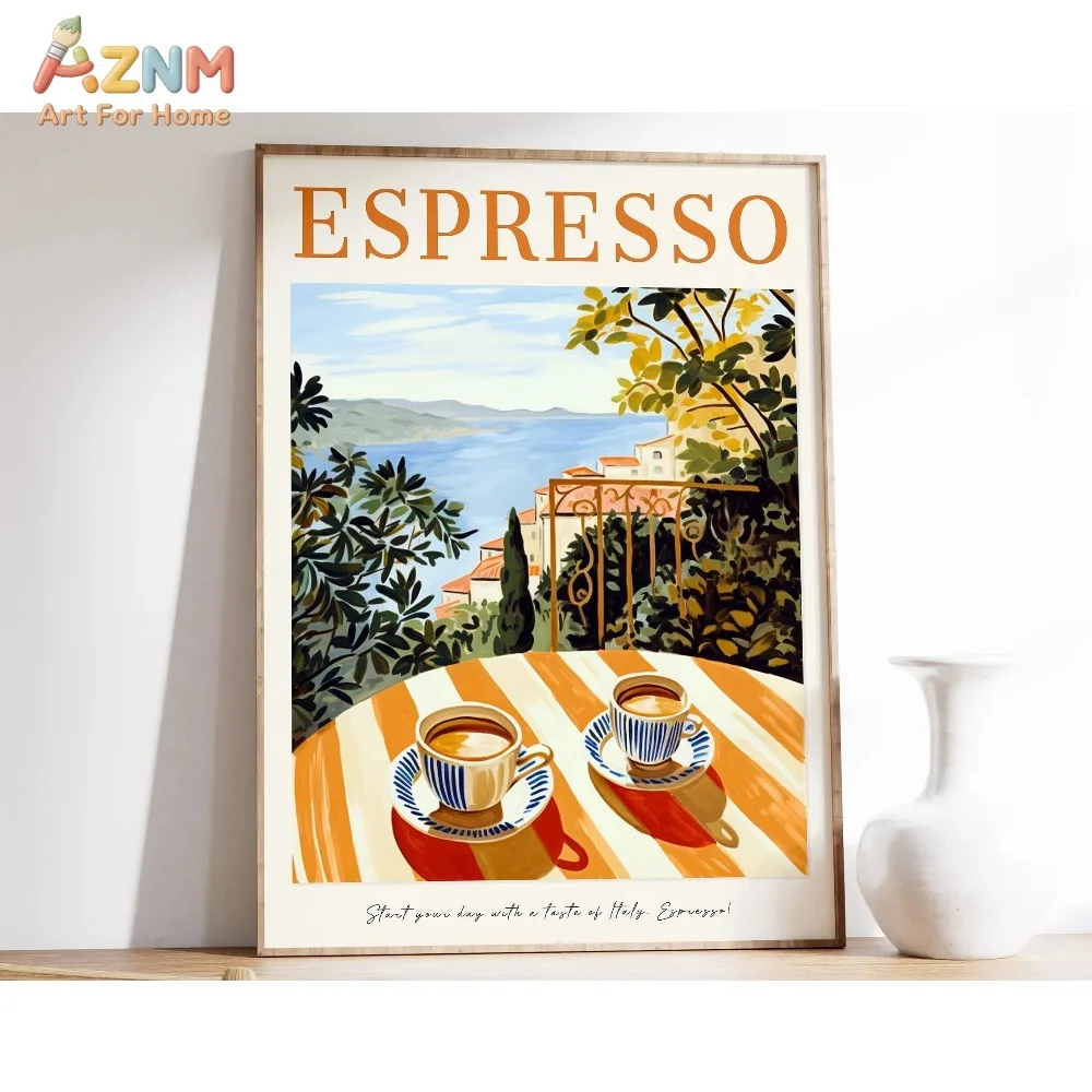 AZNM - Póster decorativo para pared, sin marco, con ilustración de café expreso retro, croissant y plantas, para decoración del hogar o cafetería