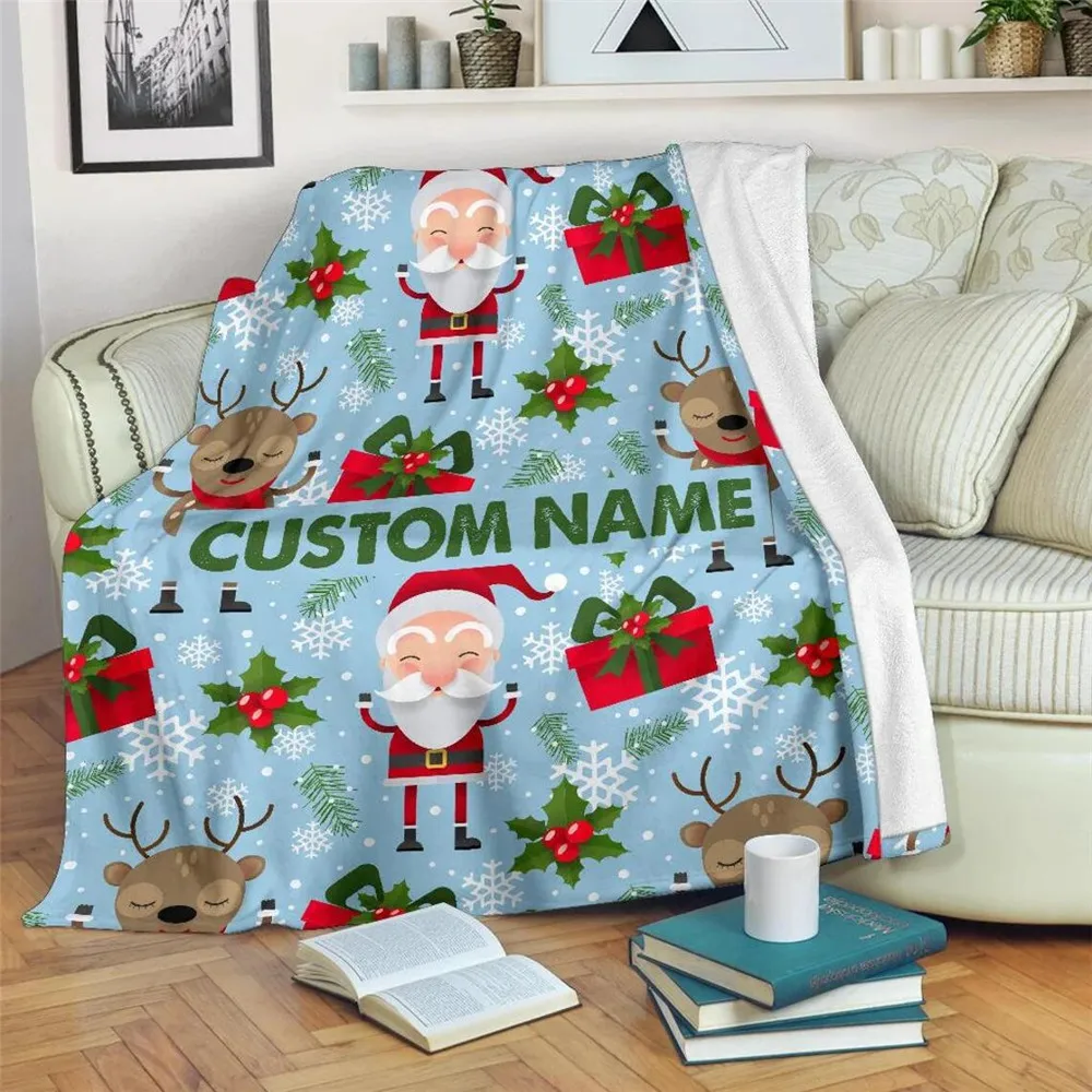 

HX Christmas Blankets DIY Name Cartoon Santa Clause 3D Printed Flannel Throw Blanket For Beds Childs Adults Warm Plush Quilt