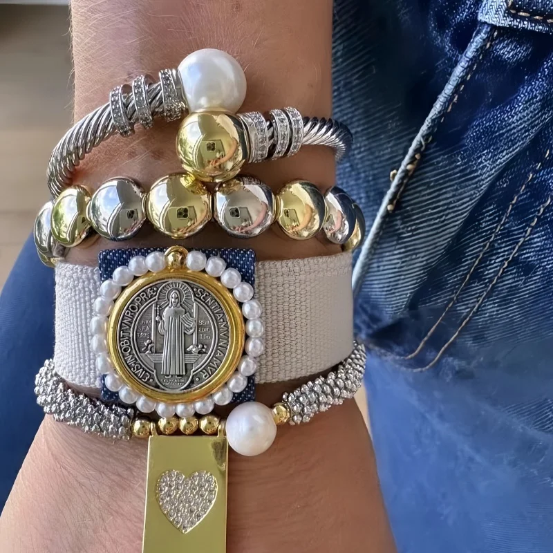 1 قطعة بوهيميا رمز ديني التيتانيوم الصلب مطرز سوار للنساء الذهبي مطلي قابل للتعديل شرابة اليد المعصم مجوهرات الأزياء