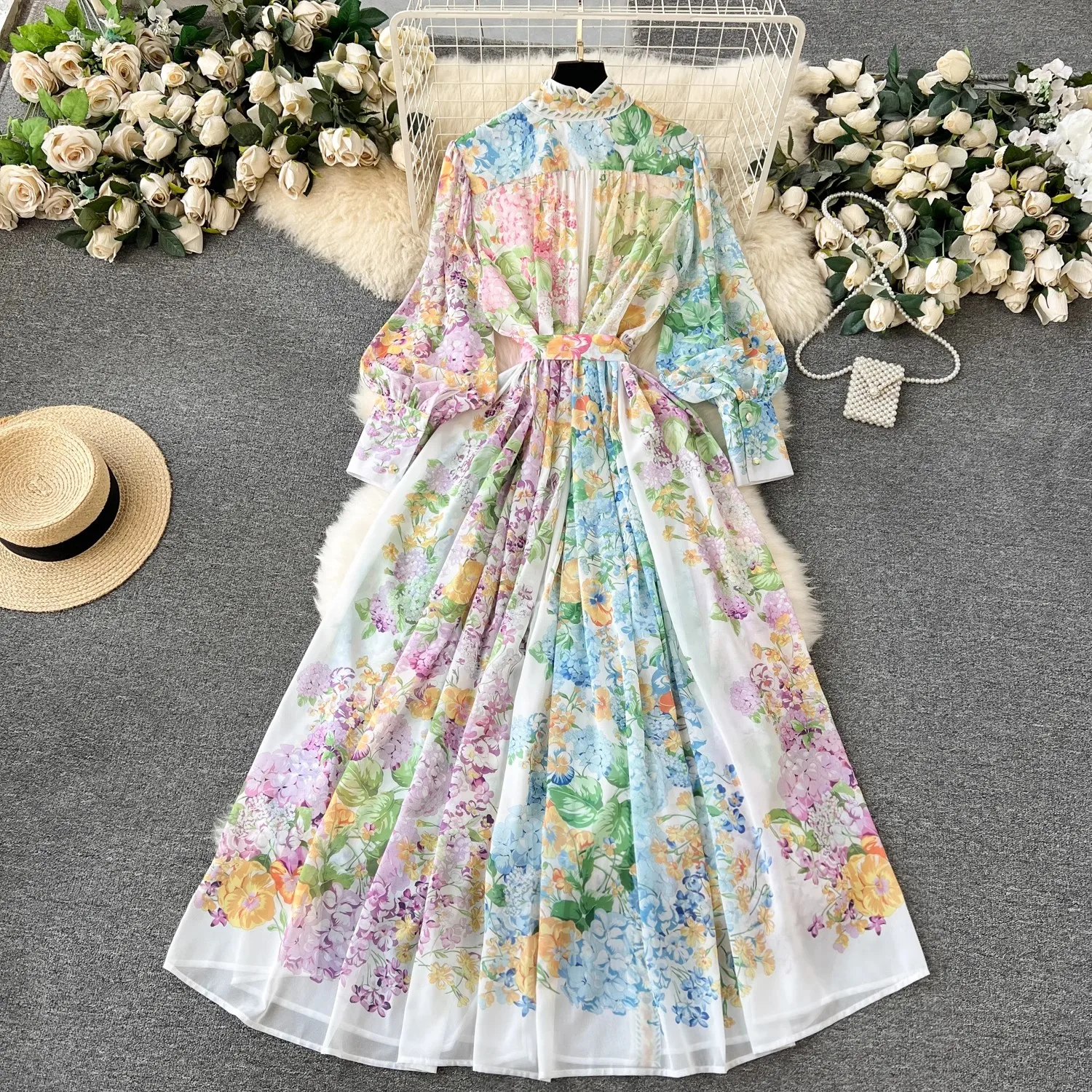 Robe longue en mousseline de soie bohème pour femme, robe de vacances à fleurs, robe à manches lanterne debout, simple boutonnage, ceinture à lacets, robe éducative, 6380