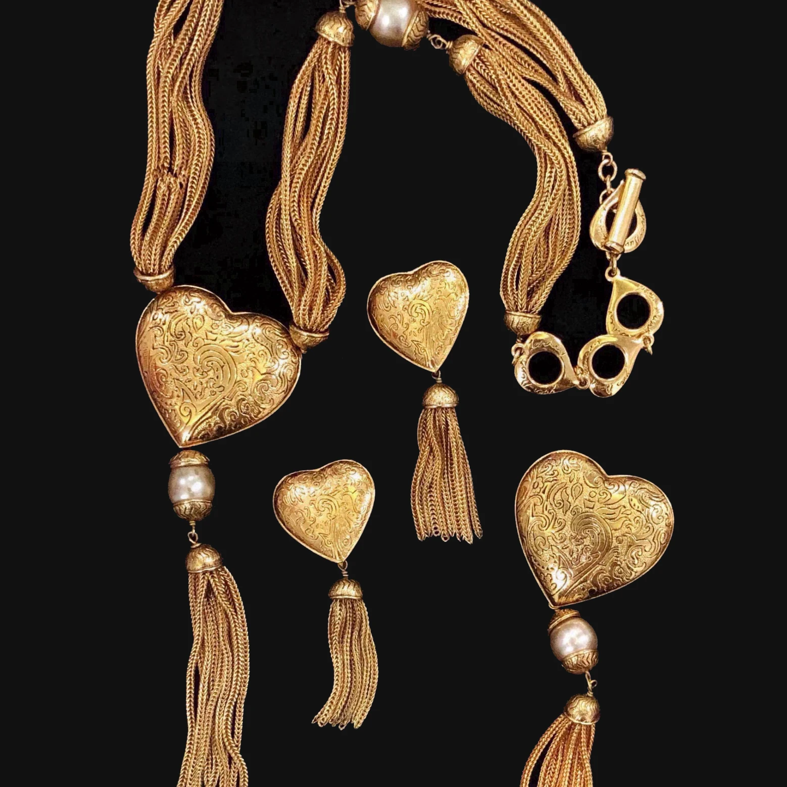 Vintage Gold Plated Brass Heart Tassel Necklace Earrings Brooch Luxury Set Woman Designer Brand Top Quality Jewelry