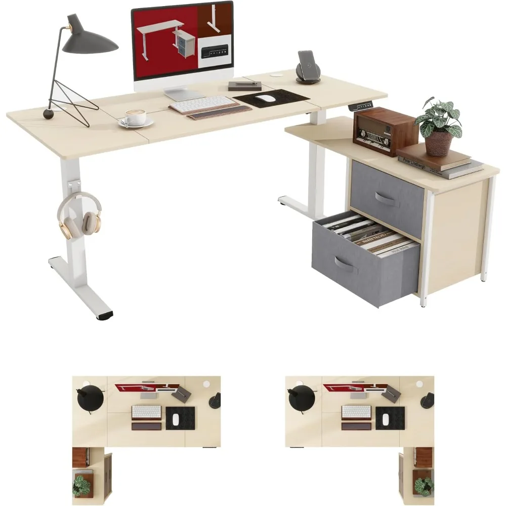 

63'' L Shaped Standing Desk with 2-Drawer File Cabinet, Electric Height Adjustable Stand Up Desk W, Computer Desks