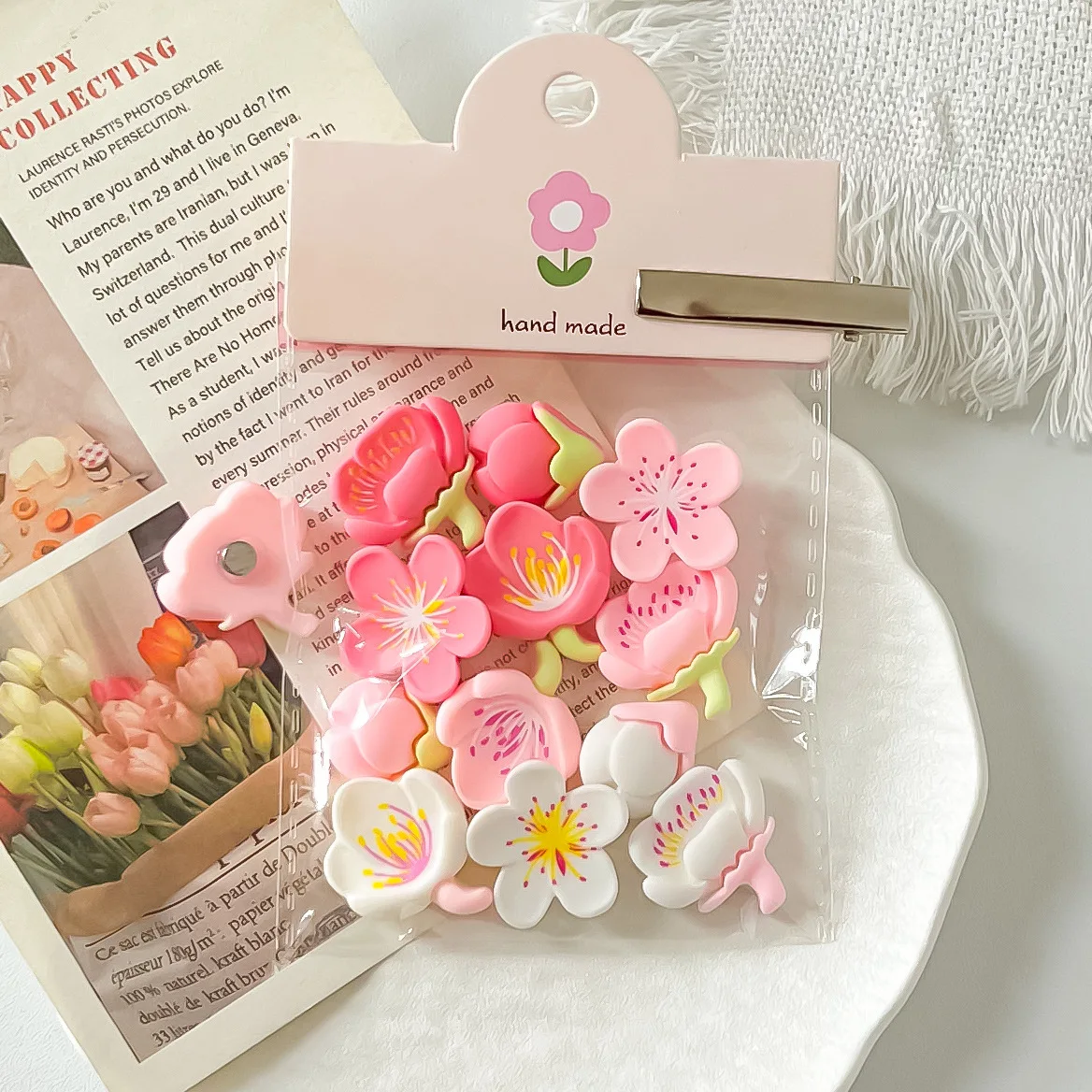 1bag Mini Cherry Blossom Peach Blossom Fridge Magnets Bag Resin Cute Fresh Style DIY Car Decoration Accessories Home Decor
