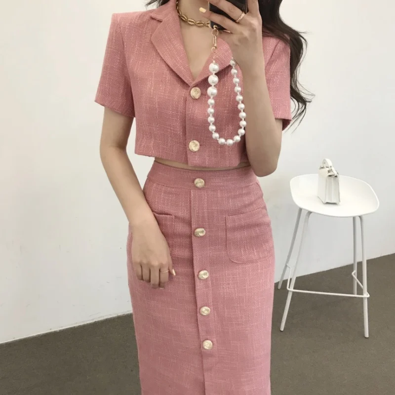 Women's Summer Thin Slim Blazer and Skirt Two 2 Piece Set Office Lady Outfits Short Top Jacket with High Waist Skirts Suits