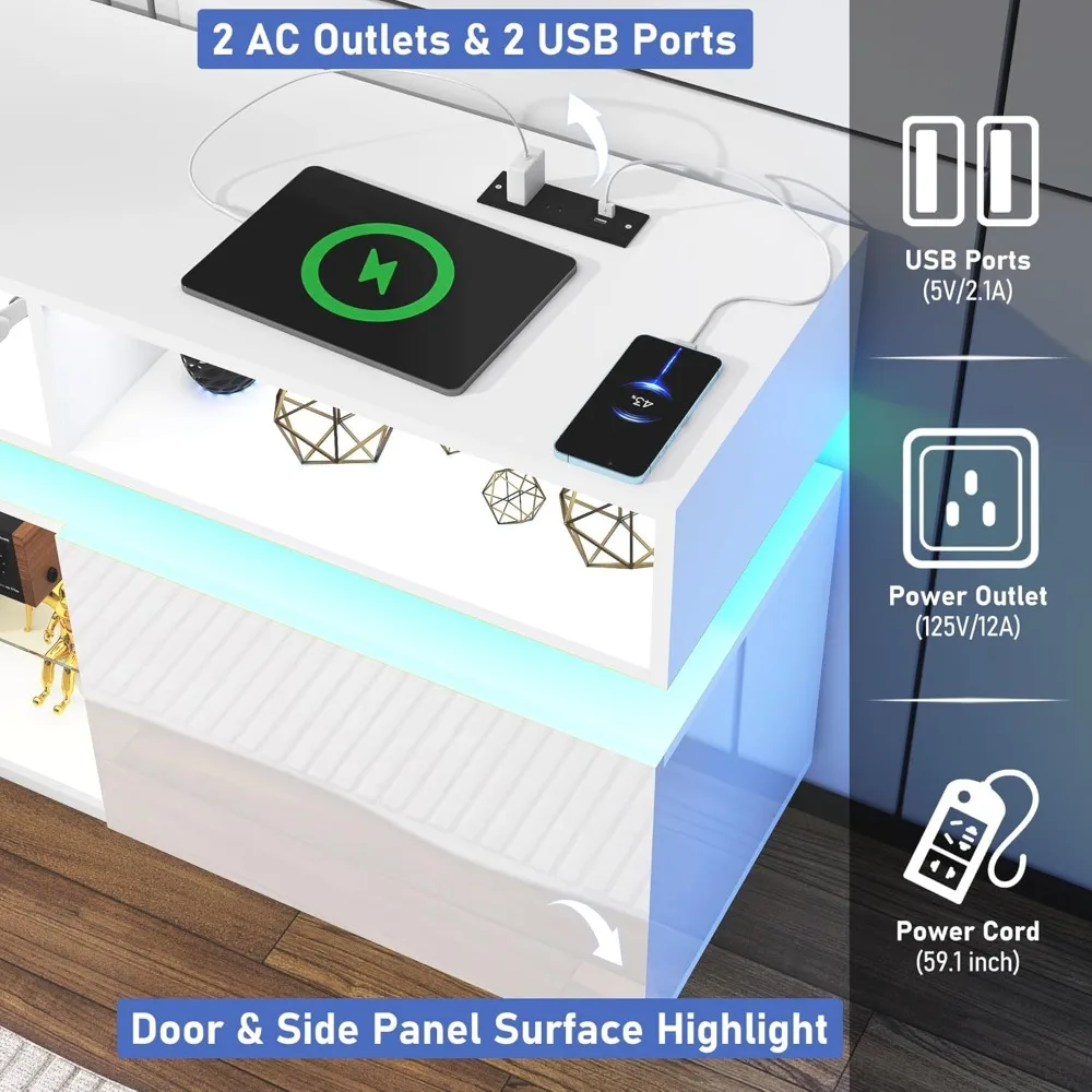 مركز ترفيه معاصر طويل القامة لأجهزة تلفزيون LED مقاس 75 بوصة، وحدة تحكم وسائط حديثة عالية اللمعان مع منافذ طاقة، وحامل تلفزيون للألعاب #3