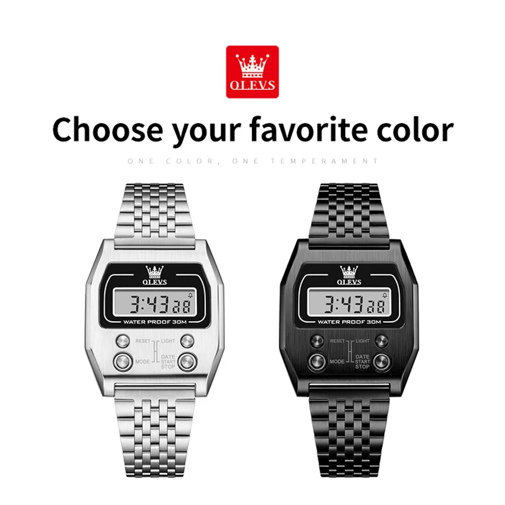 OLEVS 1113 Men Digital Watch Retro Square Electronic Wristwatch Waterproof Stainless Steel Sport Male Business Casual Reloj