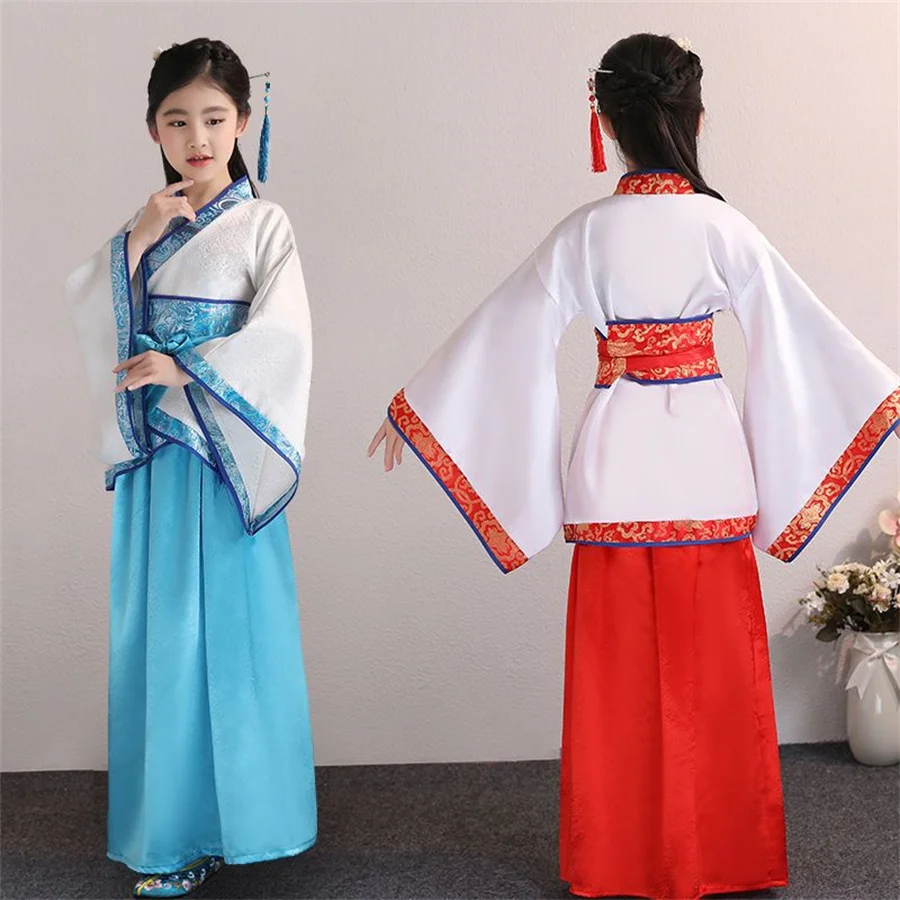 

Girl Embroidery Traditional Chinese Skirt + Kimono Top Blue Lavender Pink Red Children Hanfu Chineses Elegent Hanfu Dress Kids