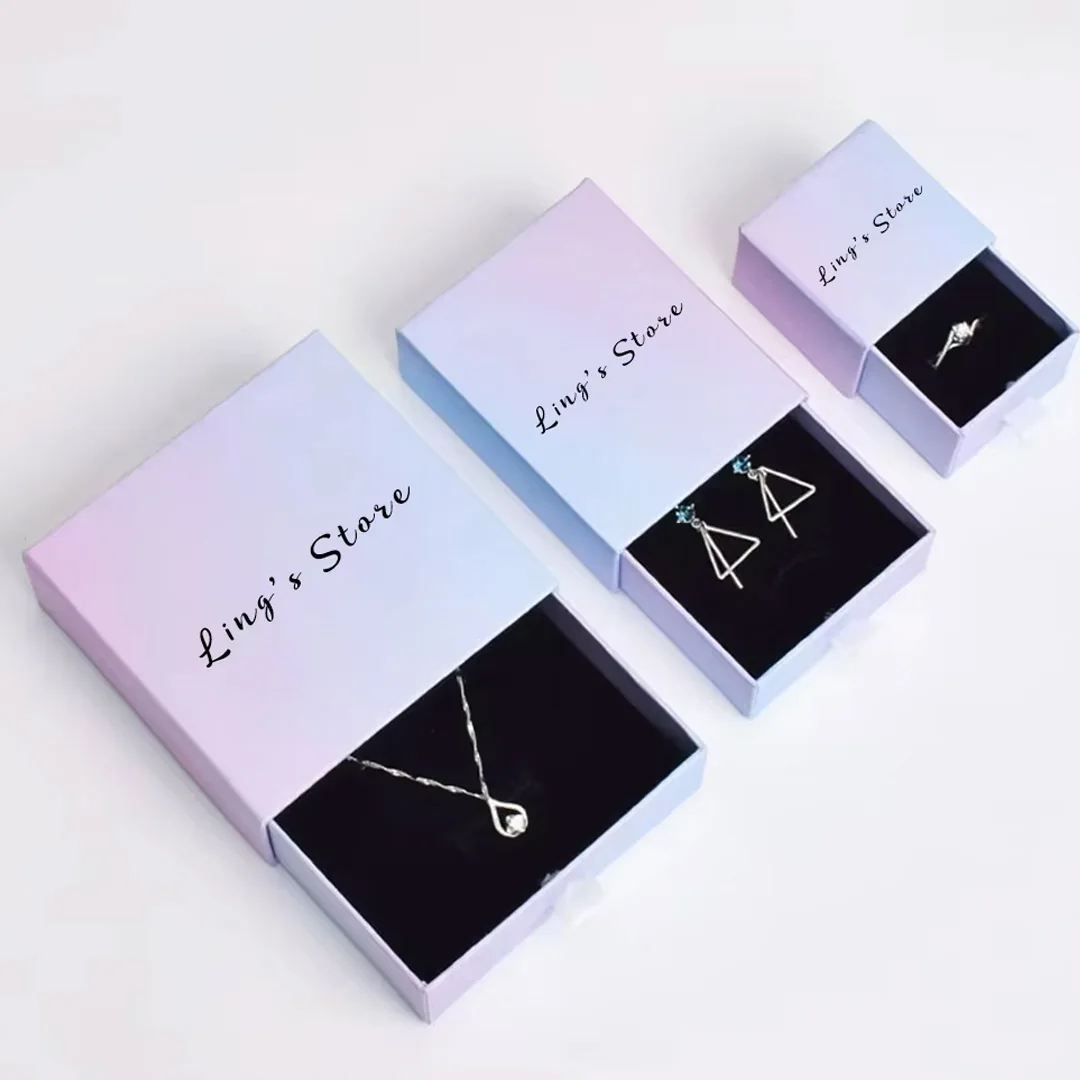 

50 шт., персонализированный логотип, градиентный фиолетовый органайзер для ювелирных изделий, подарочная коробка, упаковка для серег, ожерелья, браслетов, дорожное хранение