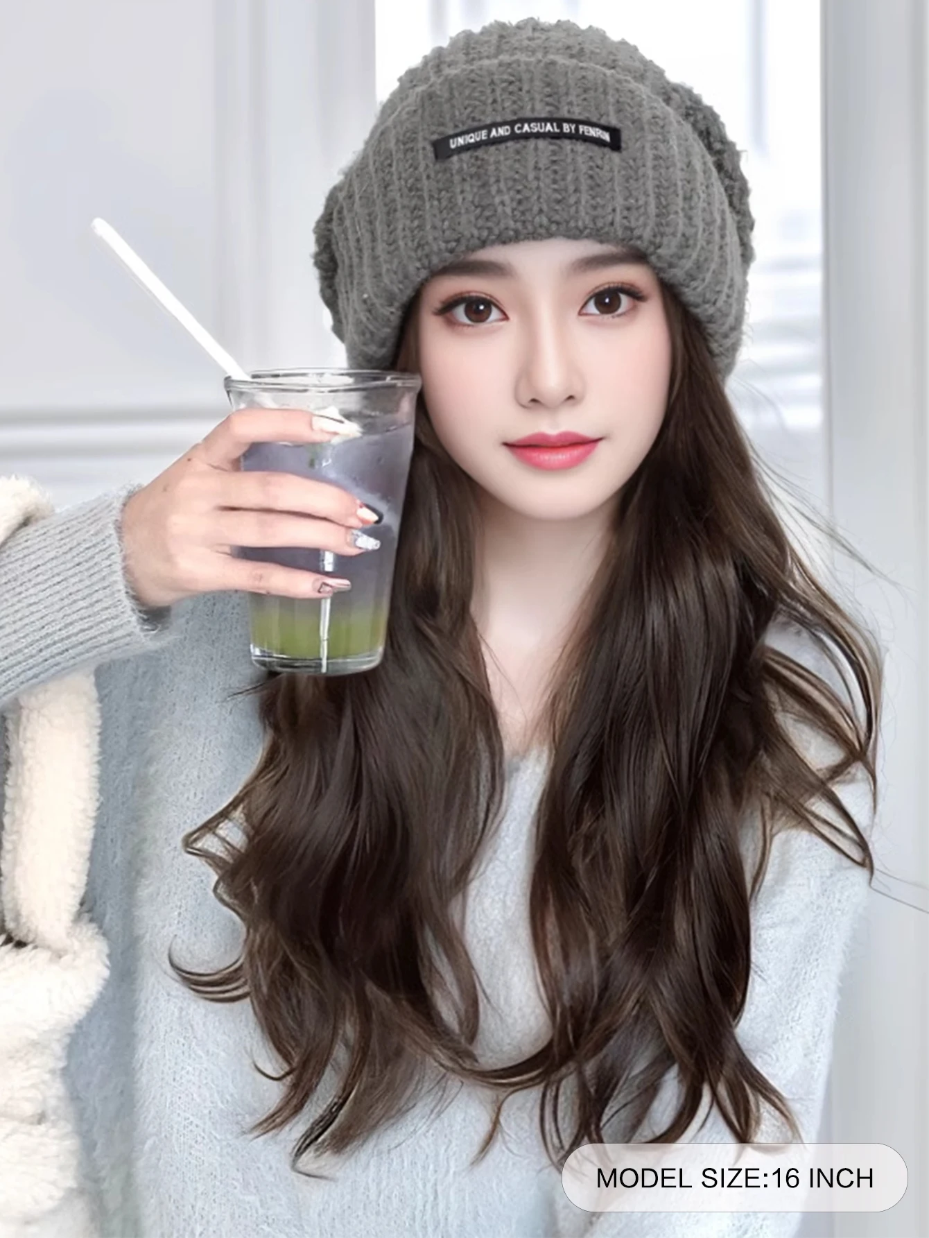 BEAUTYENTER Synthetic Hat Wig For Women With Long Hair Fashionable Autumn And Winter Warm Wool Knitted Beanie Curly Hair Wig Hat image 5