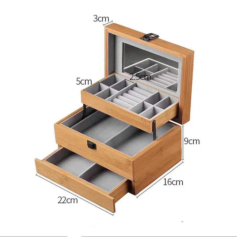 Bamboo Box, Jewelry Box Large Capacity Earrings Ring Necklace Bracelet Jewelry Display Men and Women Watch Jewelry Organizer