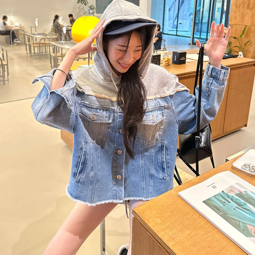 Patchwork Kapuze Jeans jacke Ernte Herbst Langarm Wintermantel Frauen koreanische lässige Botton Blue Jeans Jacken Ovsize Streetwear