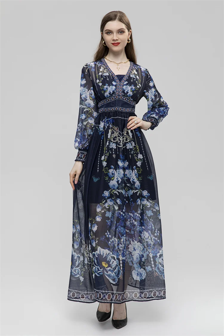 

Fashion Designer Summer Chiffon Perspective Vestidos Women's V-Neck Lantern Sleeve Crystal Vintage Floral Print Long Dress