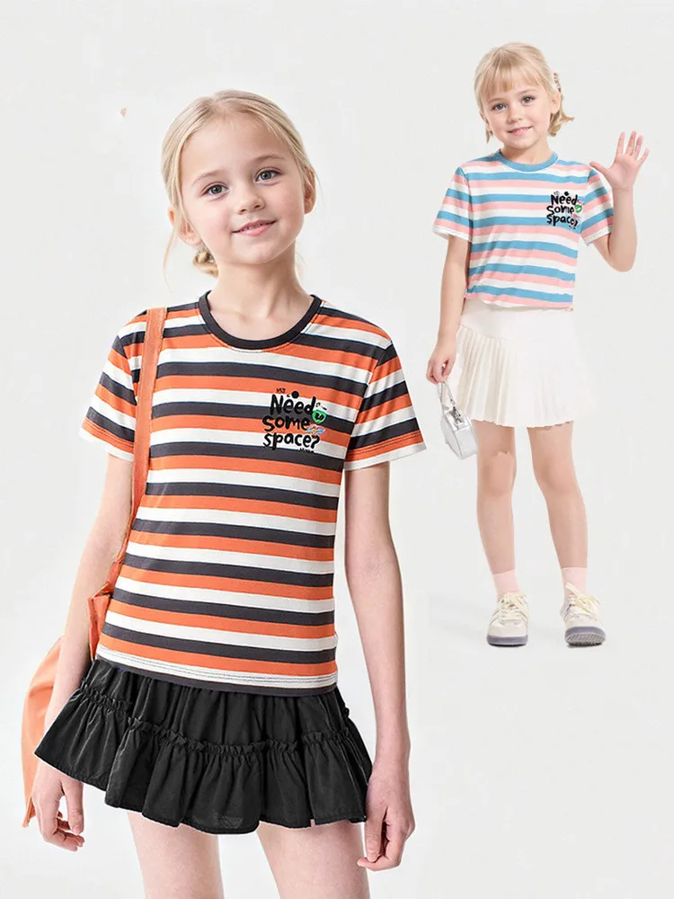 2026 Summer  Korean Version Boys Short Sleeved Bottom T-Shirt Kids  Splicing Stripe Tops For Teenager Girls 3-13 Years Wear