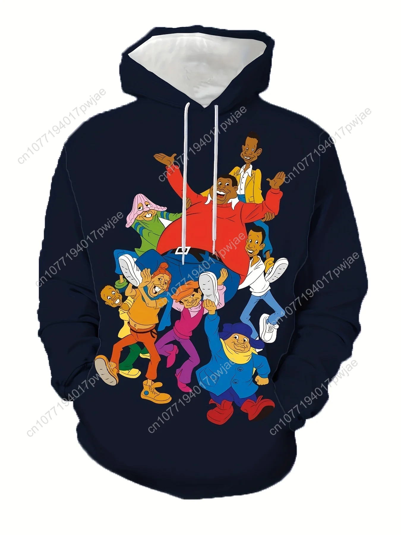 Confortável 220g/m2 casual manga comprida com capuz – moletom masculino com estampa familiar de desenho animado de malha de poliéster com bolsos, maduro