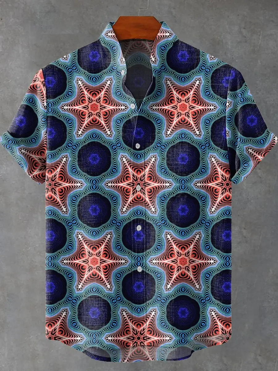 Men's Summer New Geometric Line Pattern Star Decoration Pattern Linen Short Sleeved Shirt Comfortable And Casual men's Top