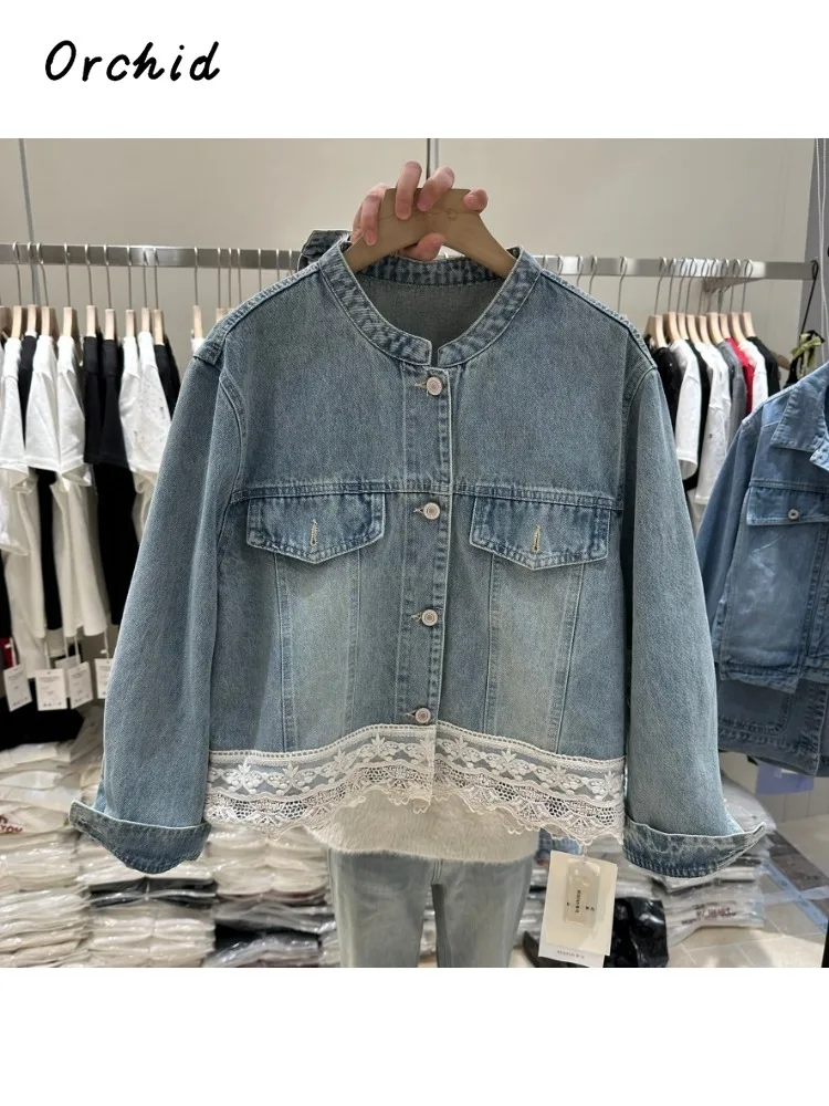 

Зимнее корейское модное однобортное синее пальто Y2K 202, женское повседневное пальто с отложным воротником, кружевная лоскутная джинсовая куртка в стиле ретро