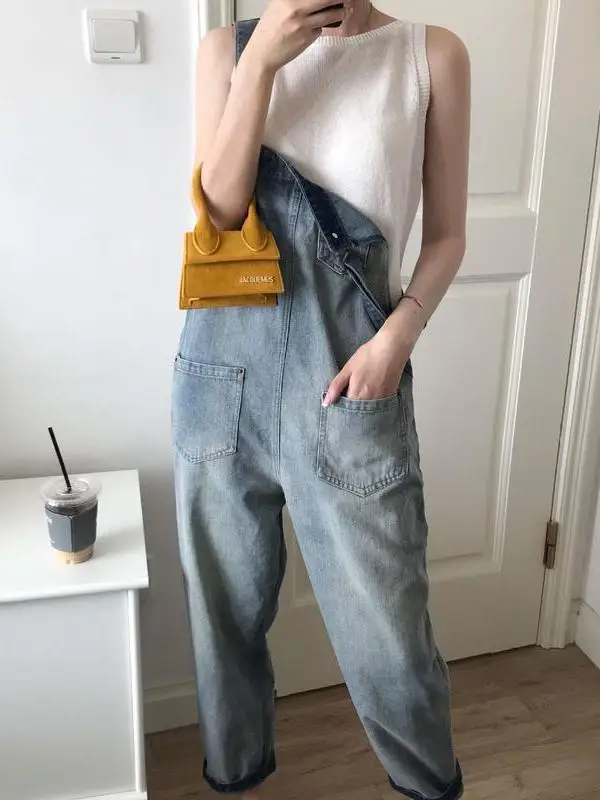 

Весенние джинсовые комбинезоны с высокой талией, облегающие, свободного кроя, длиной до щиколотки, из синей искусственной кожи, женские джинсы, модная женская одежда