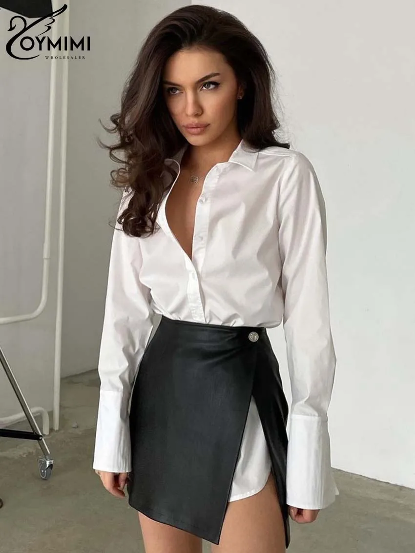 

Oymimi Fashion Solid 2 Peice Set Woman Elegant White Long Sleeve Button Lapel Shirts And High Waisted Side Slit Mini Skirts Sets