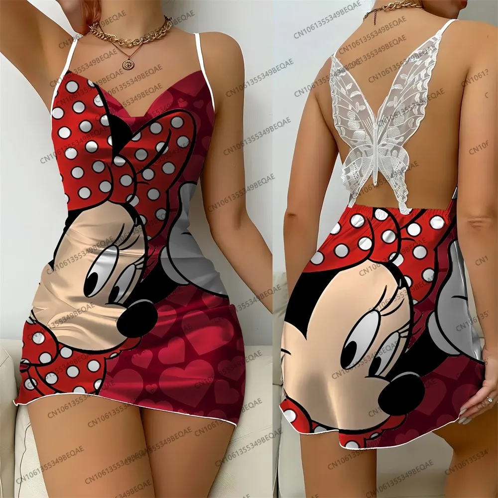 2025 New Women's Disney Cartoon Print Summer Short Dress Elegant Suspender Sleepwear Sexy Backless Crew Neck Lace Dress