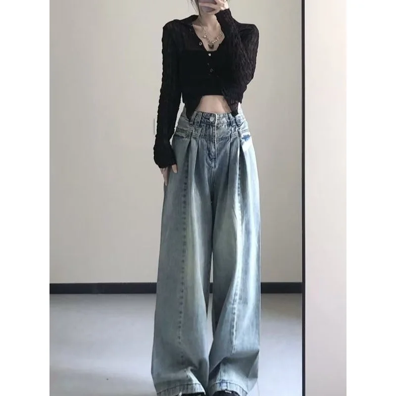 ヴィンテージアメリカンハイウエストワイドレッグジーンズ女性用洋梨型痩身ストレートルーズドレープ足首丈パンツロングパンツ