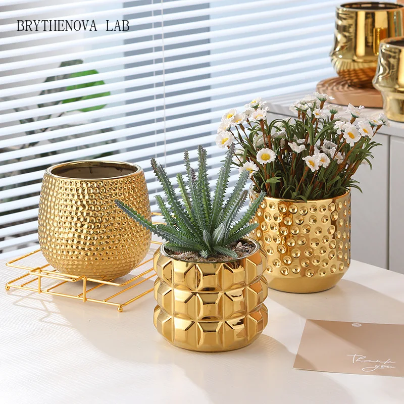 Office gold ceramic flower pot Phalaenopsis orchid pot Advanced Electroplating Potted Plant Green Plant Flower Device