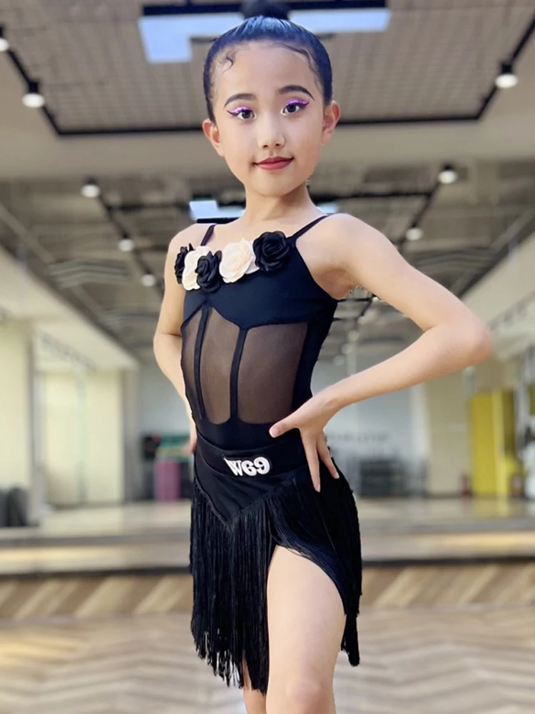 2024 Latin Dance Dress Girls Black Fringe Dress Suspender Suit Cha Cha Rumba Dance Costume Kids Latin Competition Wear DNV20485