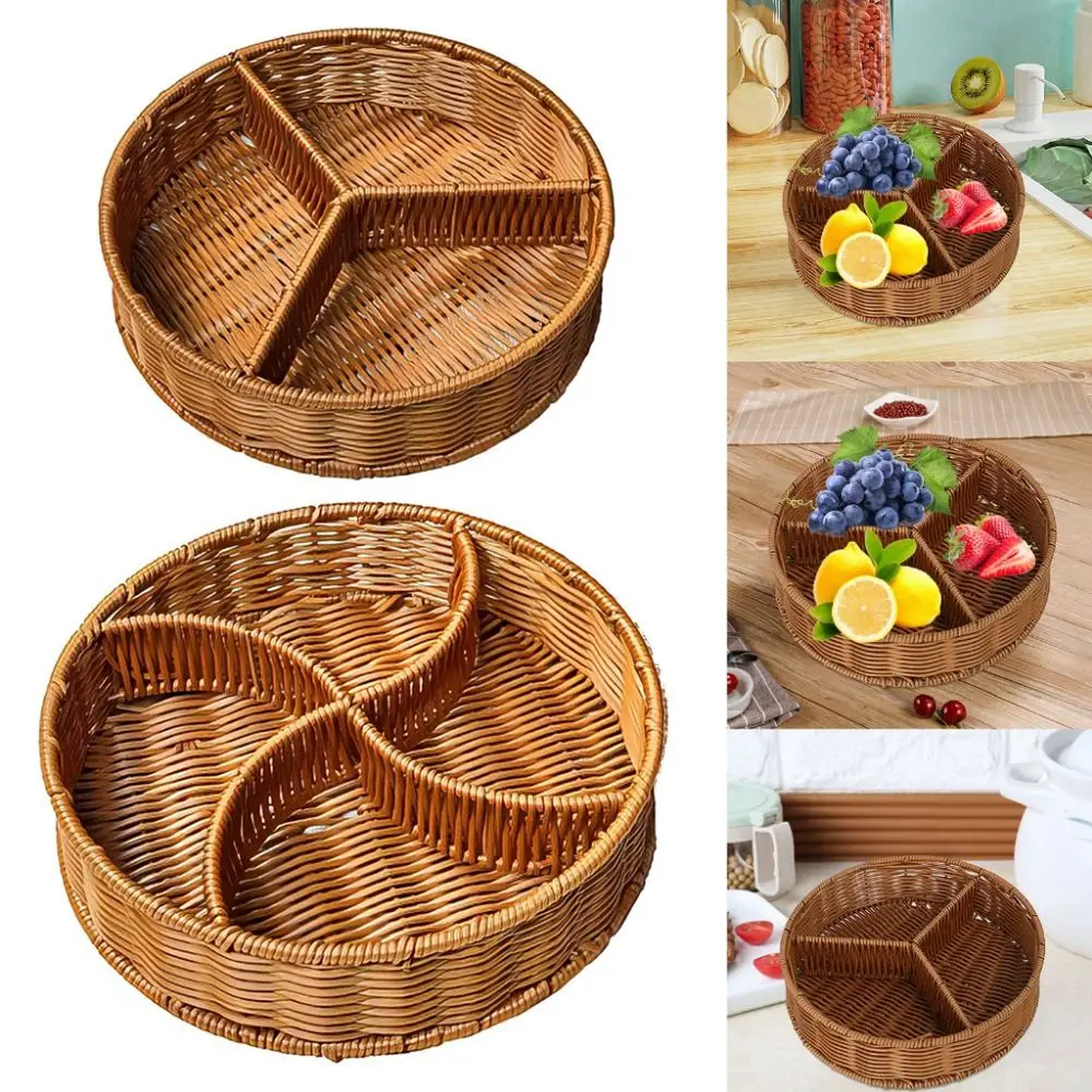 Handmade Imitation Rattan Storage Basket 2/3/4 Compartments Divided Woven Fruits Serving Tray Large Capacity Sturdy