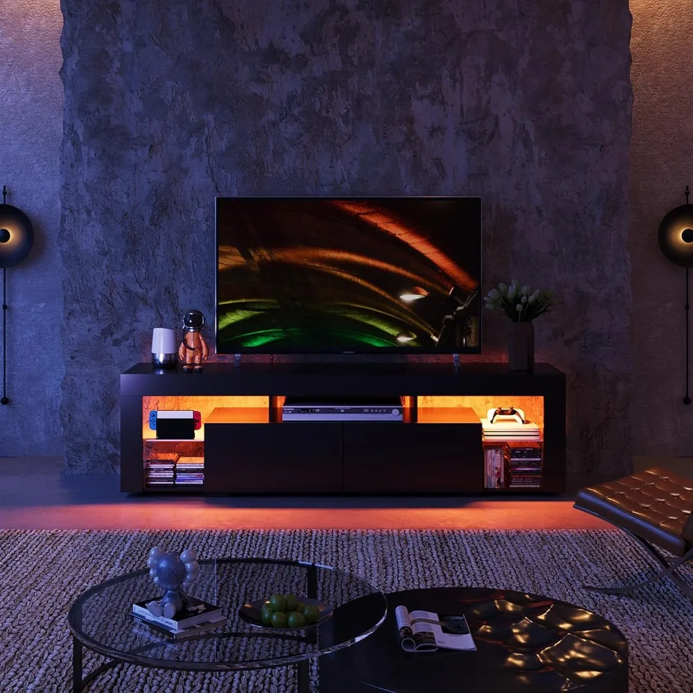 LED Entertainment Center for TV, Modern TV Console with 2 Drawers, TV Stands for Living Room