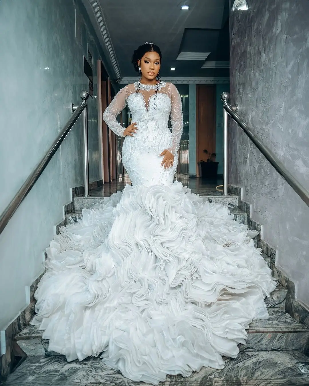 تخصيص العربية حجم كبير بلورات العاج مطرز الدانتيل طبقات الأورجانزا فساتين الزفاف فستان العروس فساتين الزفاف #4