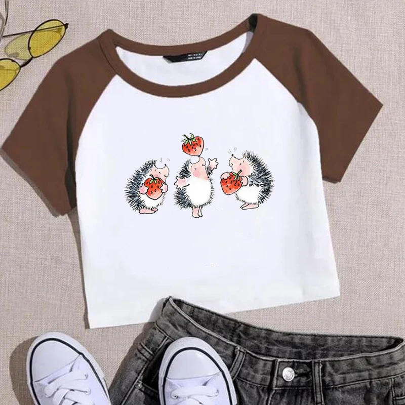 Women 2000s Girl Crop Tops Slim T Shirt Kawaii Cartoon Hedgehog Floral Print Lady T Shirt Harajuku Baby Tee Vintage Streetwaer