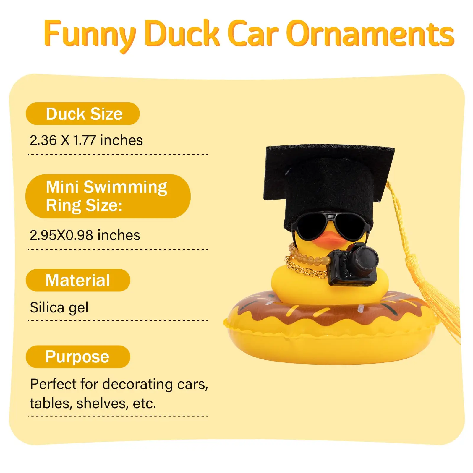 Rubber Duck Dashboard Decorations Camera Duck Car Accessories for Car Ornament with Mini Hat Swim Ring Necklace and Sunglasses