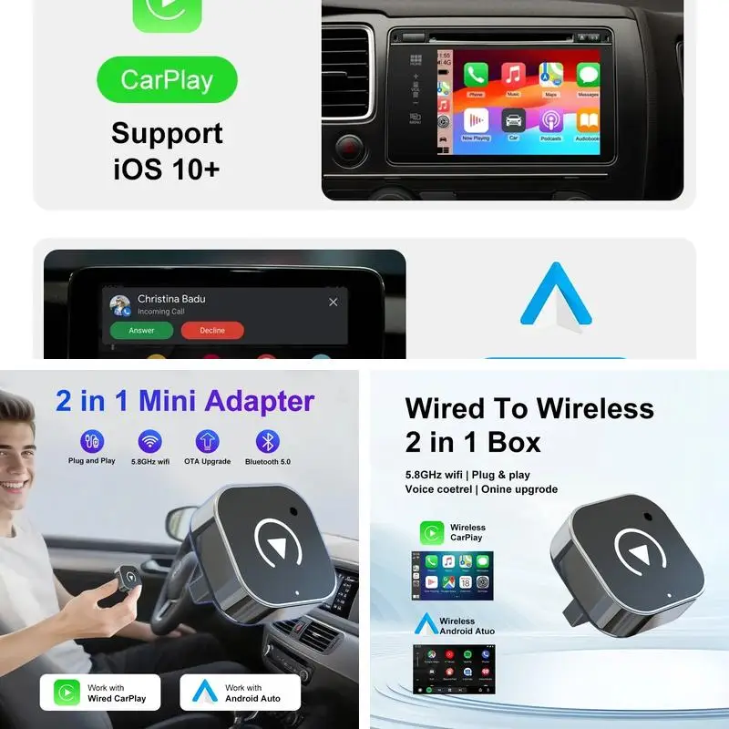 2026 2-in-1 Wireless CarPlay Adapter, Wired to Wireless Dongle for Apple CarPlay & Android Auto, Plug and Play Auto Accessory