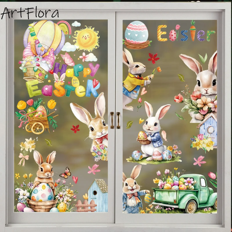 Easter Bunny Eggs Window Stickers Home Living Room Decoration Easter Pvc Bunny Static Stickers Easter Party Home Decoration