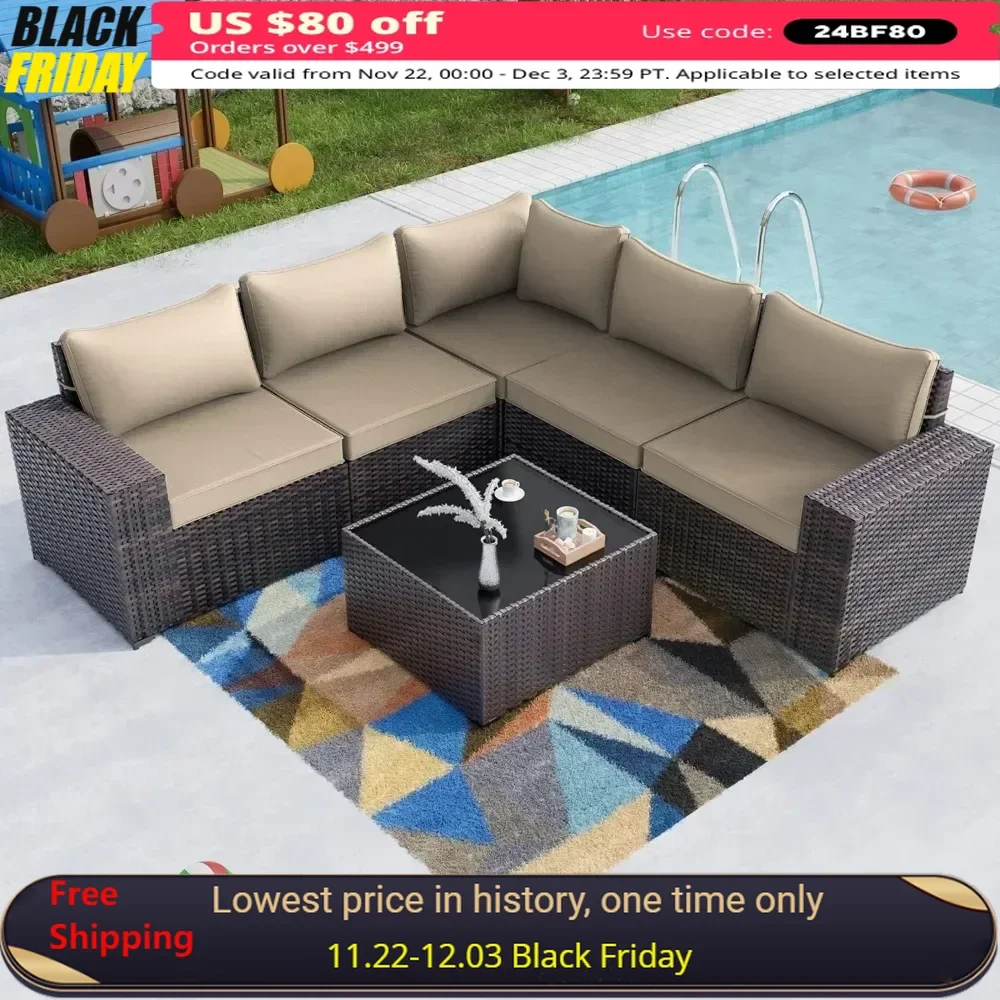 6PCS Outdoor Patio Furniture Set,PE Wicker Rattan Sectional Sofa Patio Conversation Sets,Sand, Garden Sofas