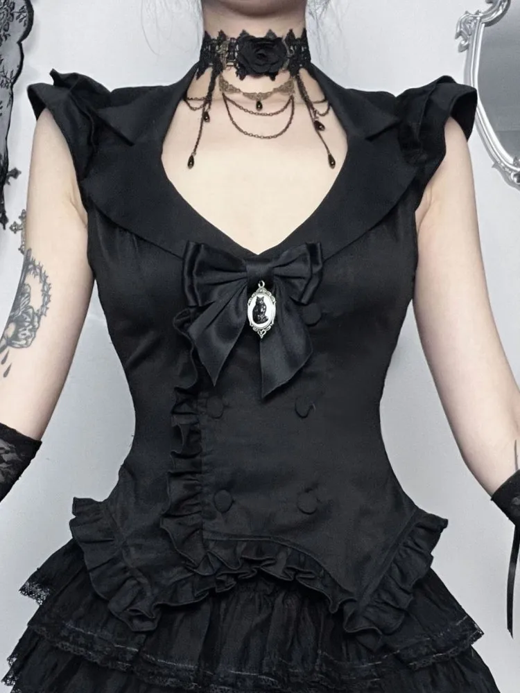 

Women Black Gothic Style Summer Short Sleeve Blouse Woman Blouse Shirt Gothic Elegant Work Shirt Top Blusas Mujer De Moda