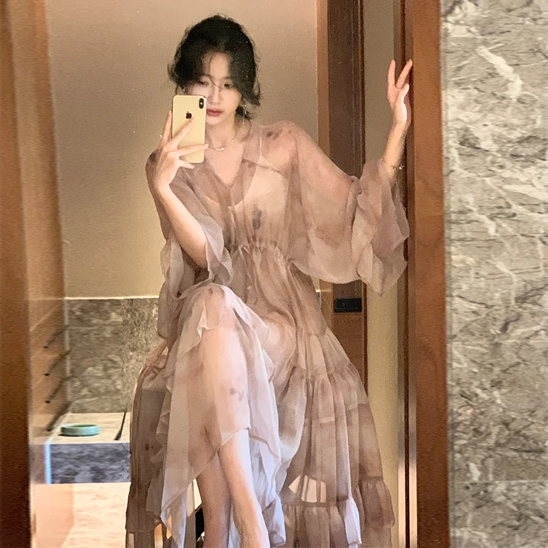 

Sweet Rose Floral High Waist V-Ne Dr Women's Sle Long Sve Commute Suitable Autumn Season Fitted Skirt Pink Color