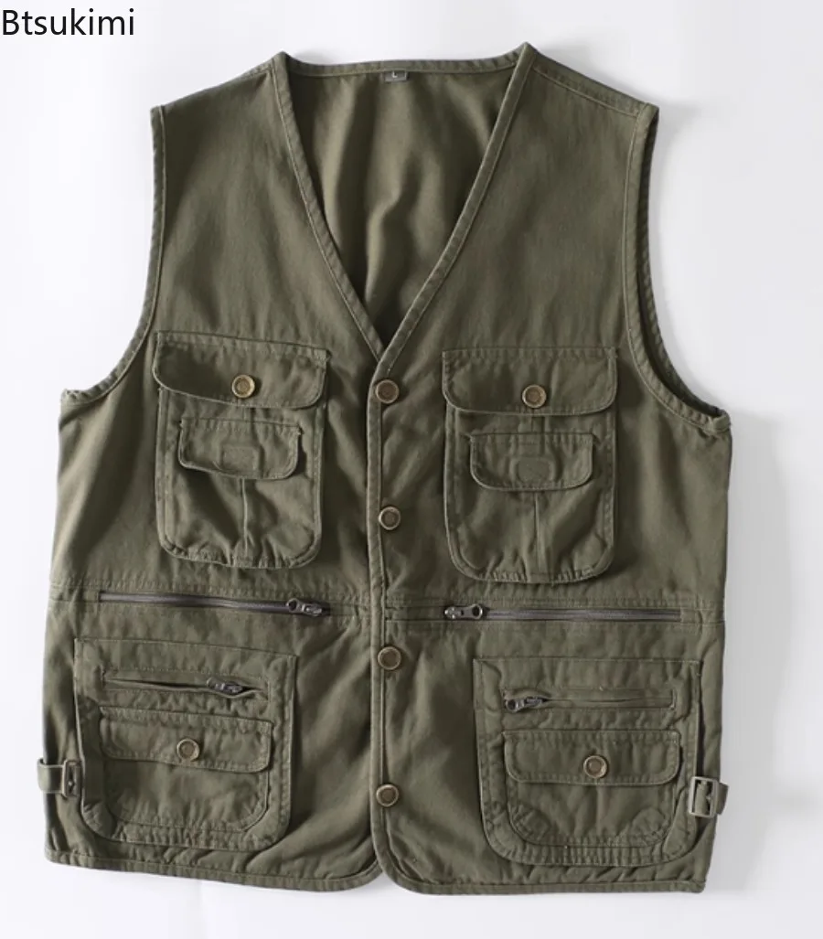 Men's Cotton Vest Multi-Pocket Cargo Vest Breathable Waistcoat Outdoor Climbing Mountaineering Kiking Vest Fishing Casual Vests